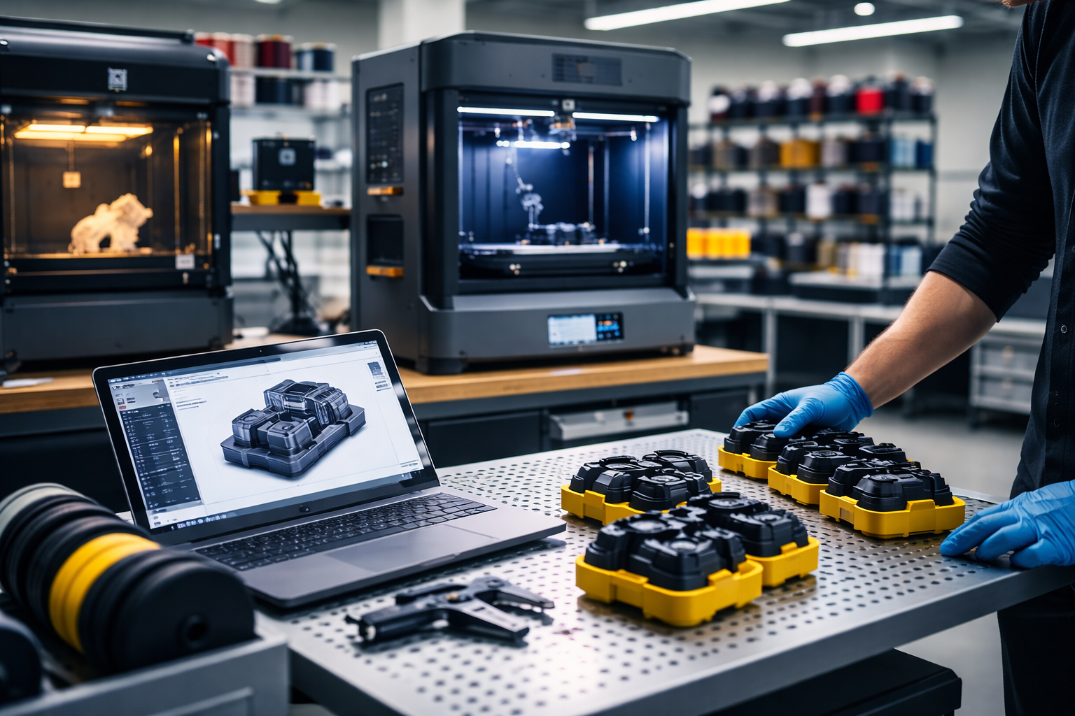 3d printed products being produced on demand on a 3d printing workstation