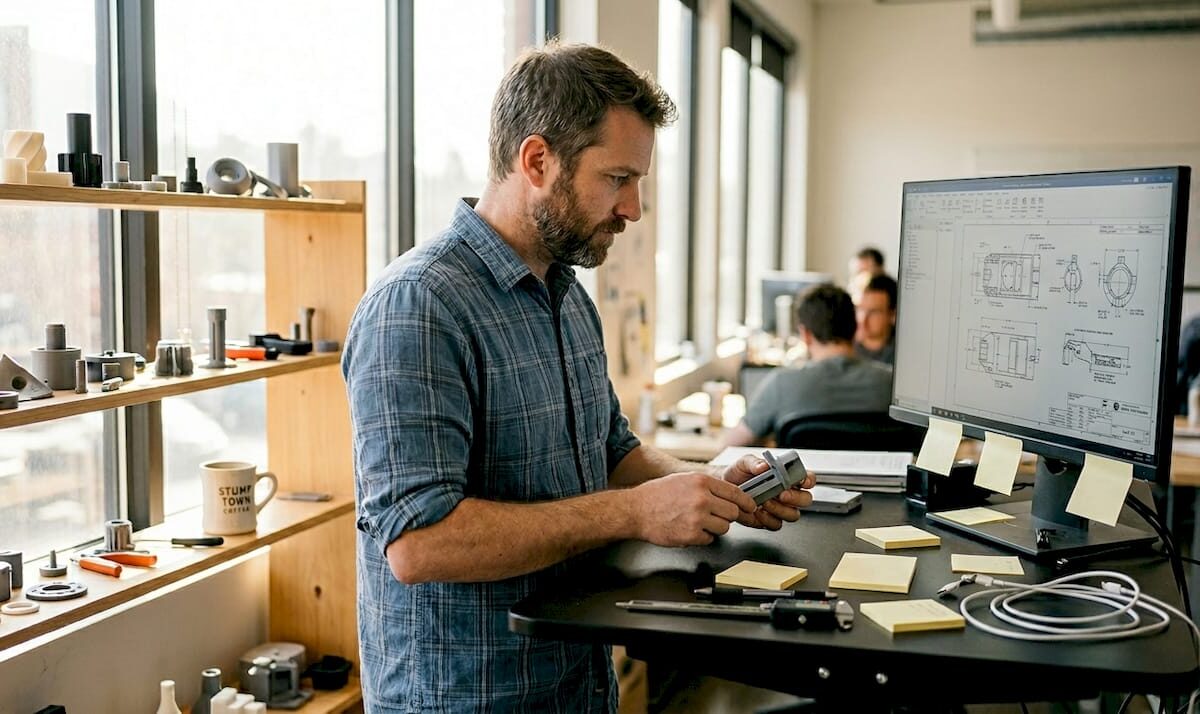 Product developer examines 3D printed prototype at desk