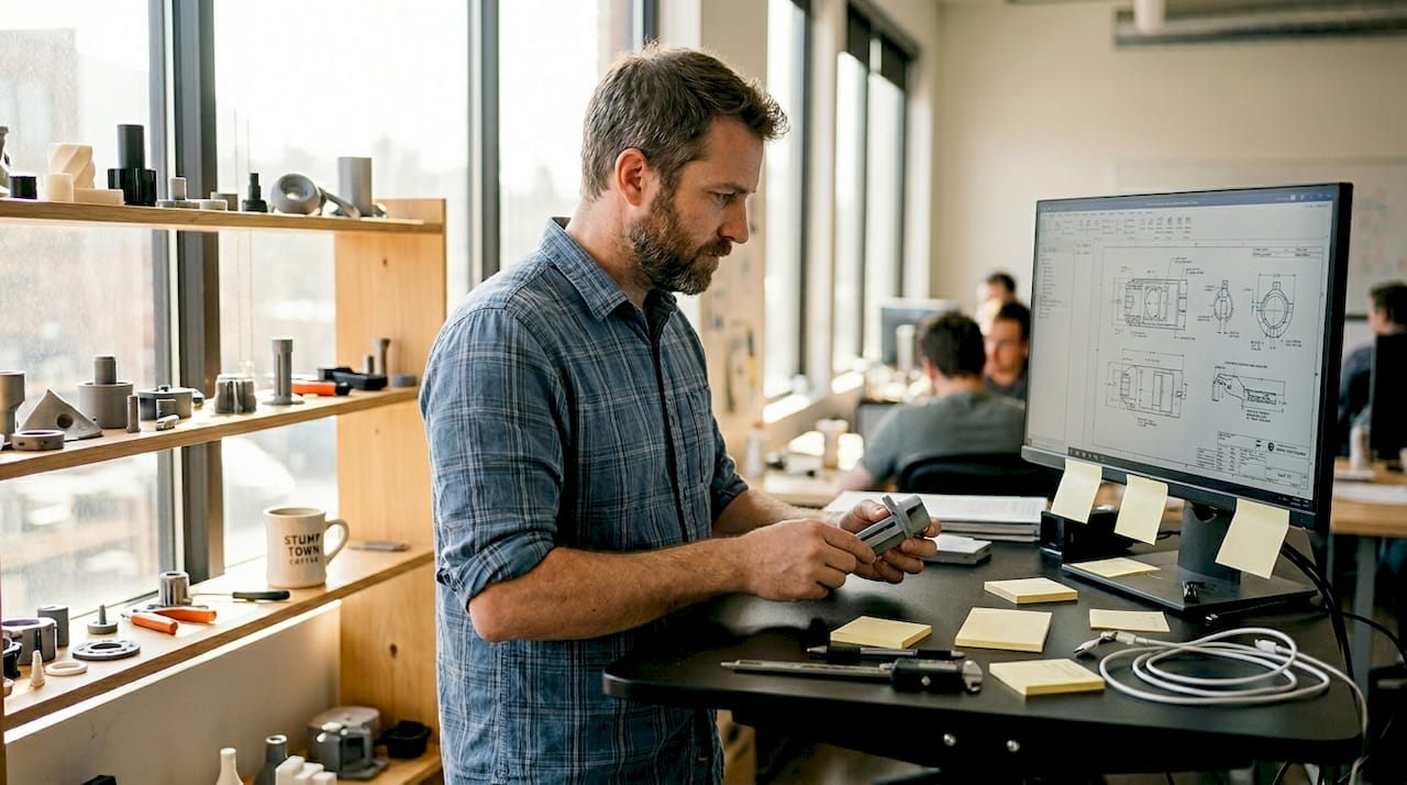 Product developer examines 3D printed prototype at desk