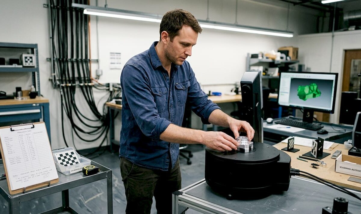 Technician prepares part in 3D scanning lab