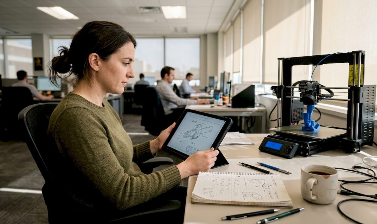 Engineer reviewing CAD model near 3D printer