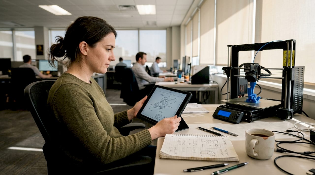 Engineer reviewing CAD model near 3D printer