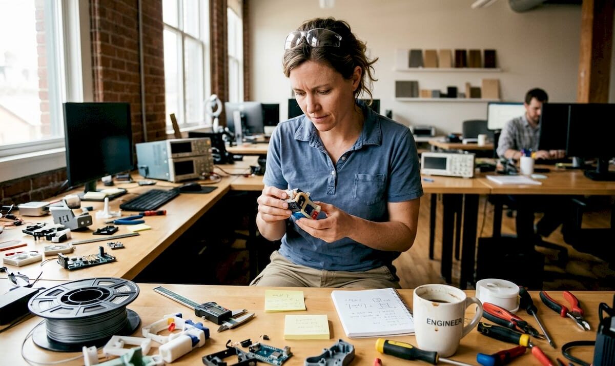 Engineer reviewing 3D printed prototype workspace