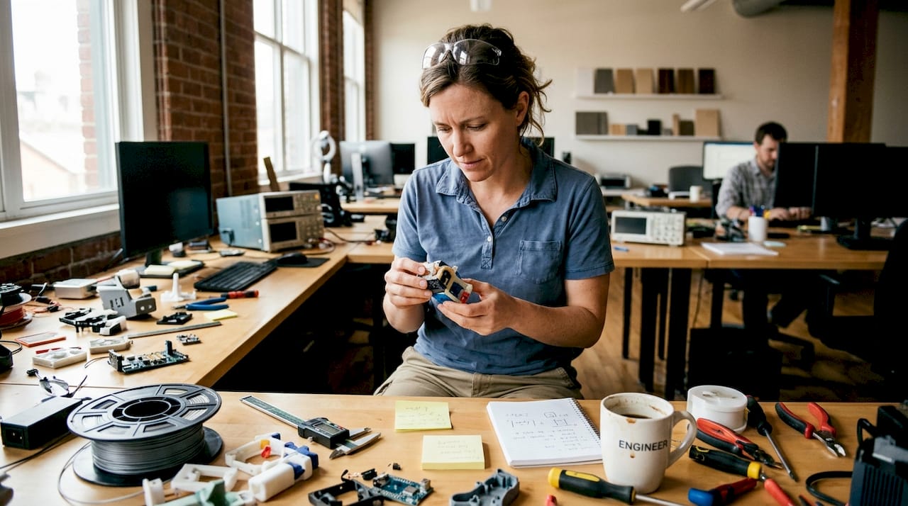 Engineer reviewing 3D printed prototype workspace