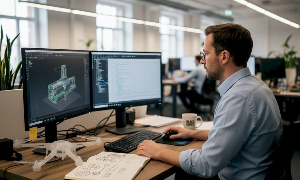 Engineer working on CAD files for 3D printing