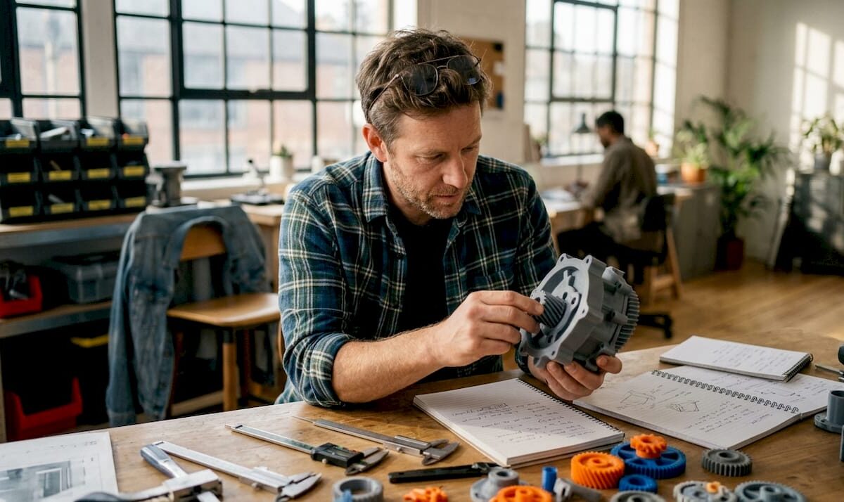 Engineer reviewing 3D printed prototype in loft