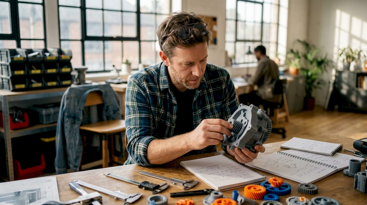 Engineer reviewing 3D printed prototype in loft