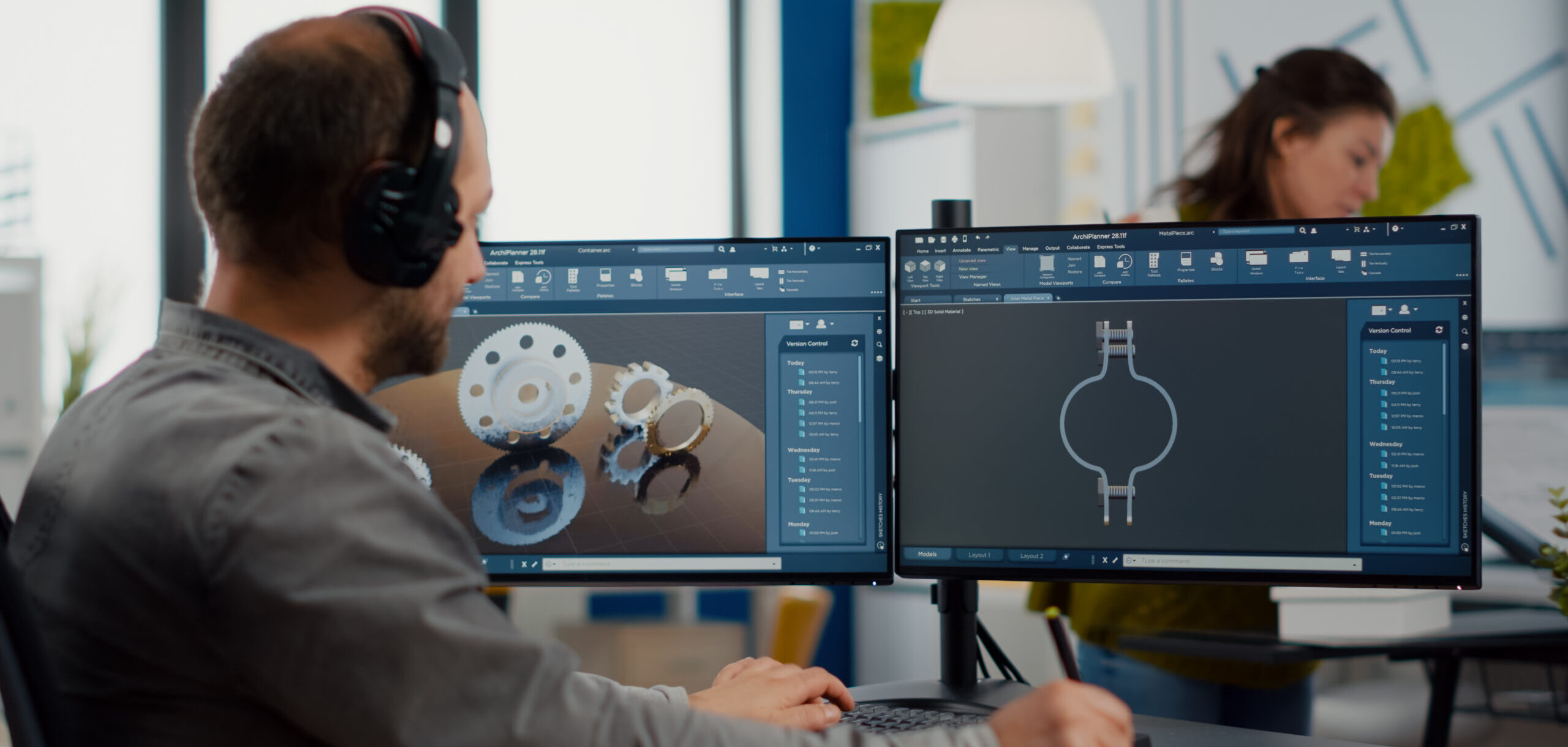 3D modeling engineer putting on headphones working with technical cad program, analyzing 3D gears prototypes, drawing with stylus pencil. Industrial architect studying prototype idea on computer