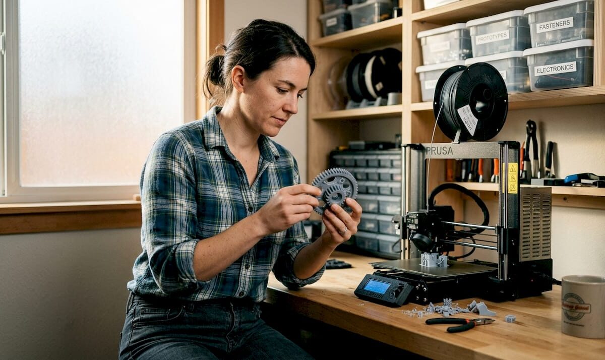 Woman checks 3D printed prototype at workbench