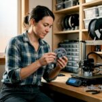 Woman checks 3D printed prototype at workbench