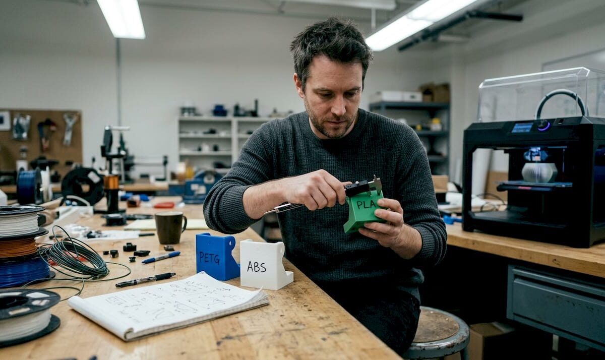 Engineer comparing PLA PETG ABS parts in lab
