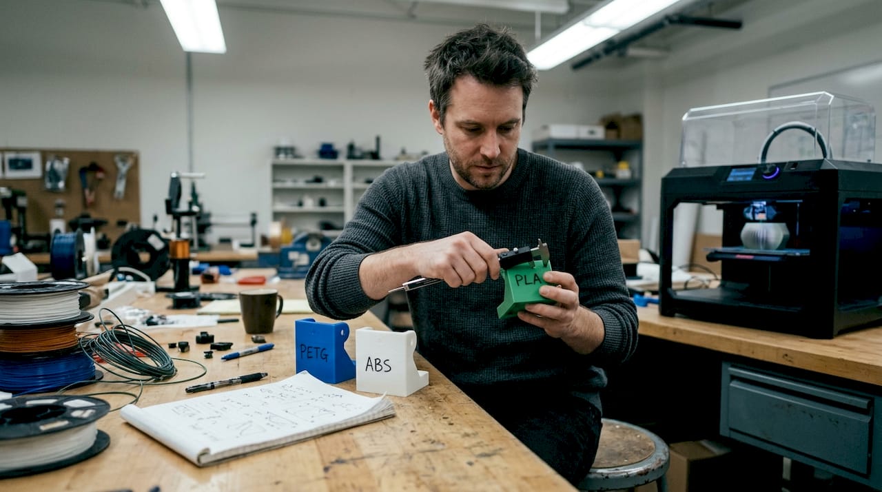 Engineer comparing PLA PETG ABS parts in lab