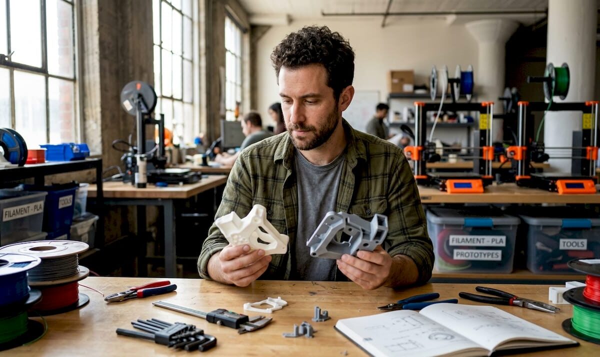 Engineer examines 3D printed prototypes at workbench