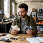 Engineer examines 3D printed prototypes at workbench