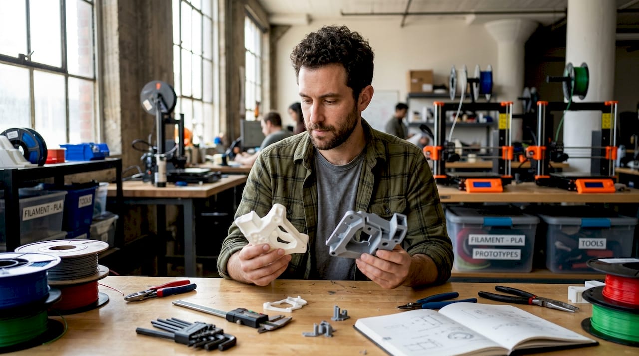 Engineer examines 3D printed prototypes at workbench