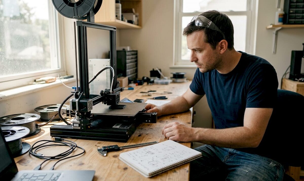 Engineer watches filament 3D printer in workshop