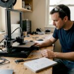 Engineer watches filament 3D printer in workshop