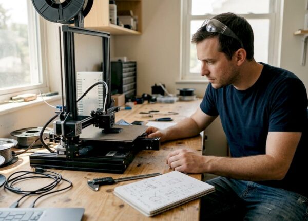 Engineer watches filament 3D printer in workshop