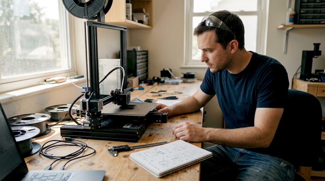 Engineer watches filament 3D printer in workshop