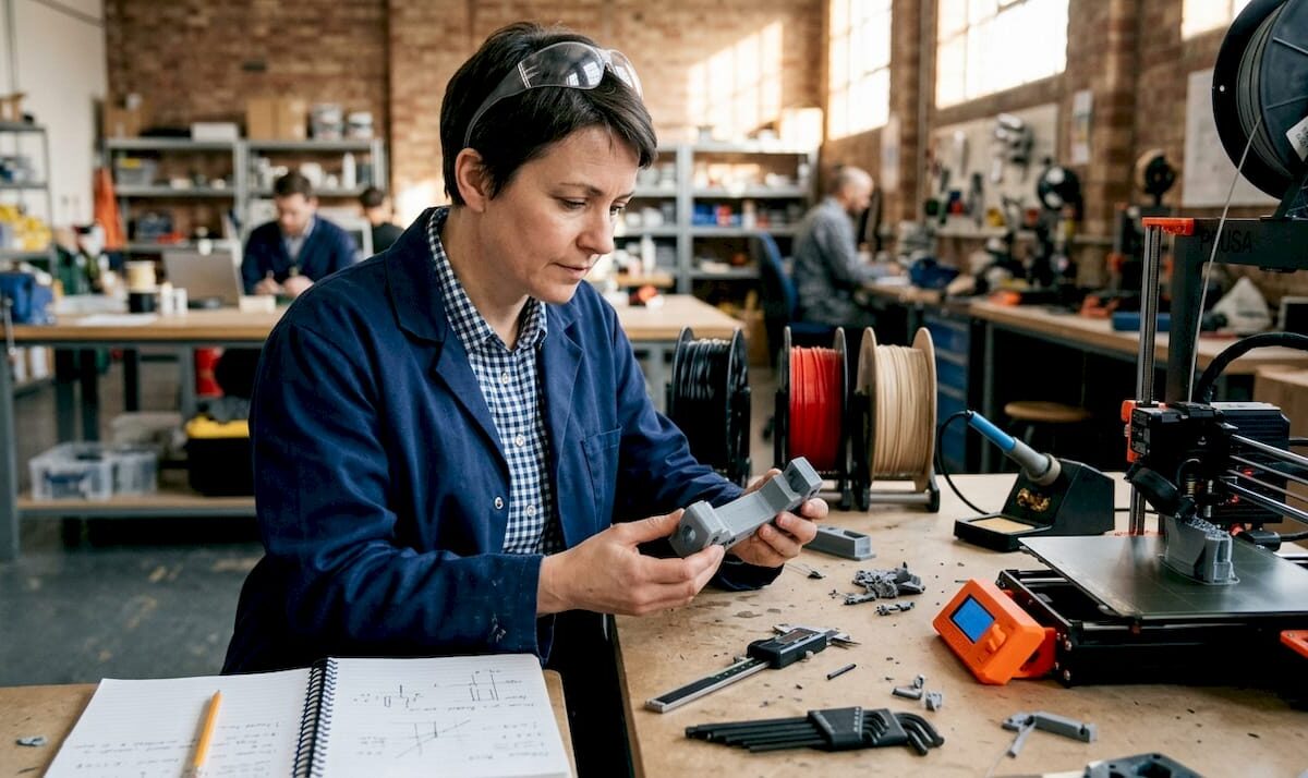 Engineer reviewing 3D printed prototype at workbench