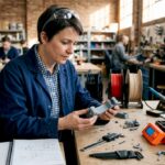 Engineer reviewing 3D printed prototype at workbench