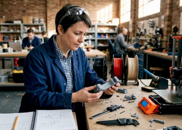 Engineer reviewing 3D printed prototype at workbench