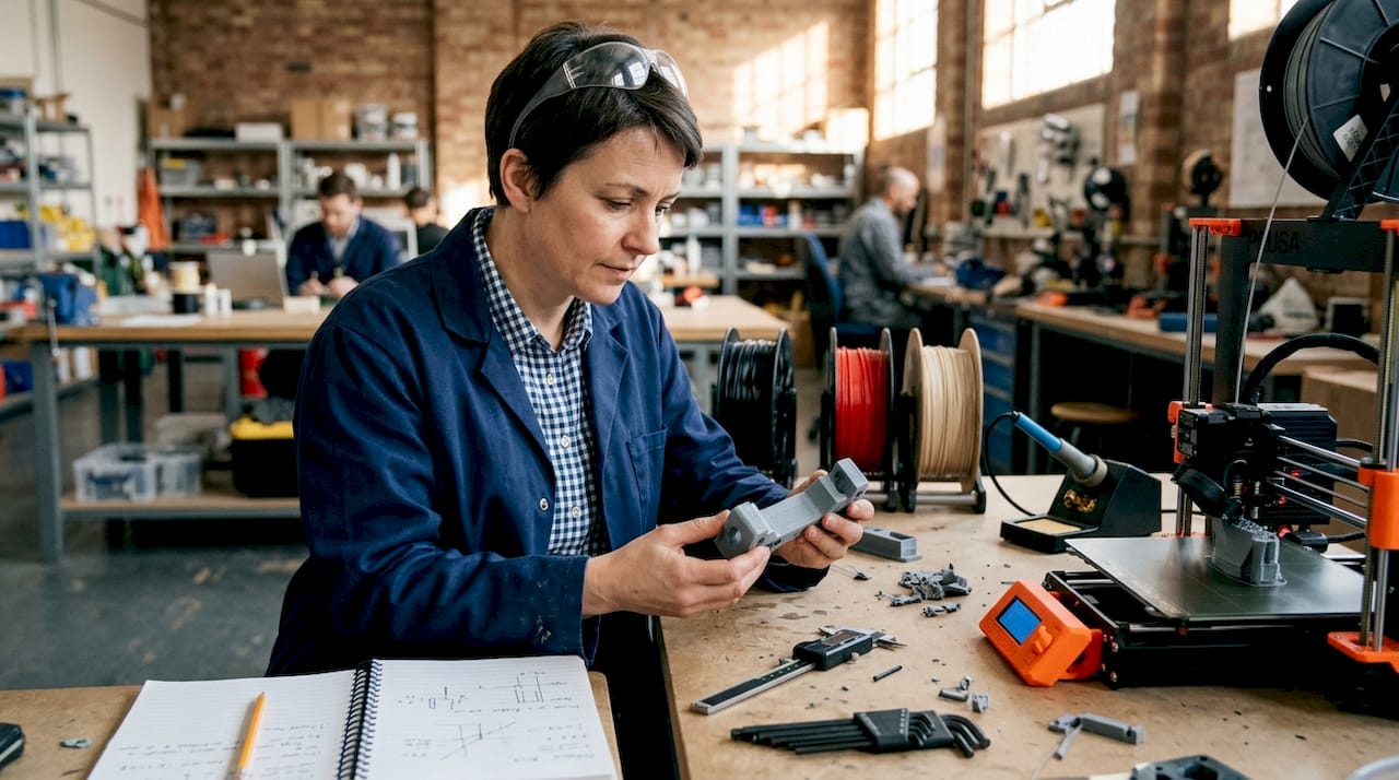 Engineer reviewing 3D printed prototype at workbench