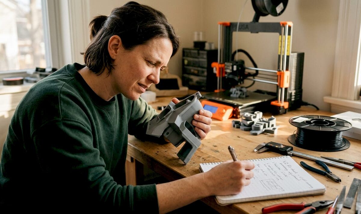 Woman inspecting prototype 3D print at workbench