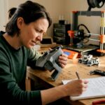 Woman inspecting prototype 3D print at workbench