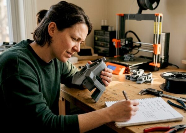 Woman inspecting prototype 3D print at workbench