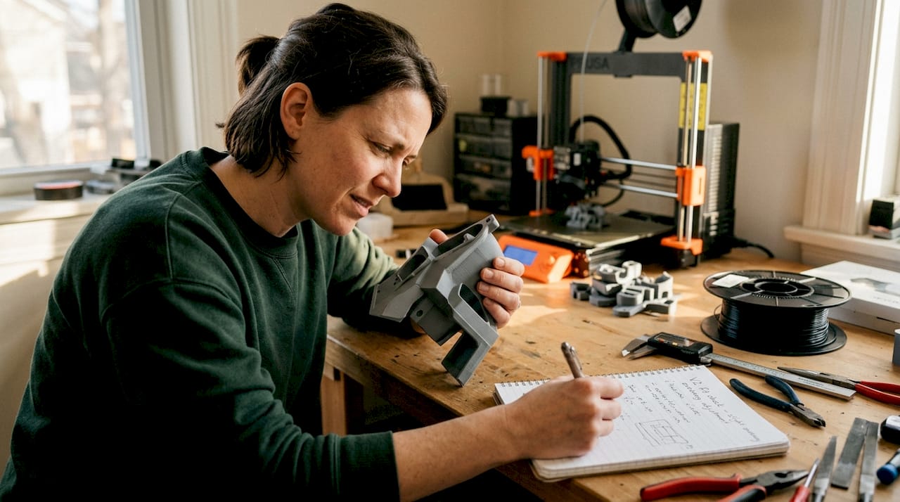 Woman inspecting prototype 3D print at workbench