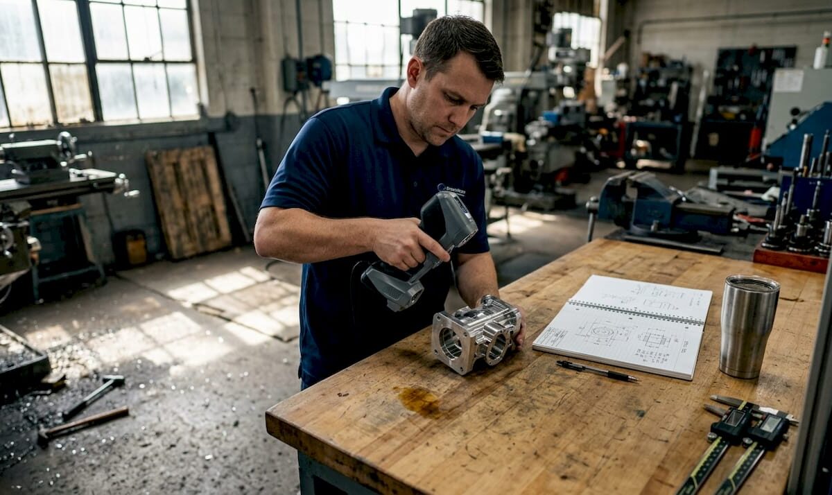 Engineer scanning metal part at workbench
