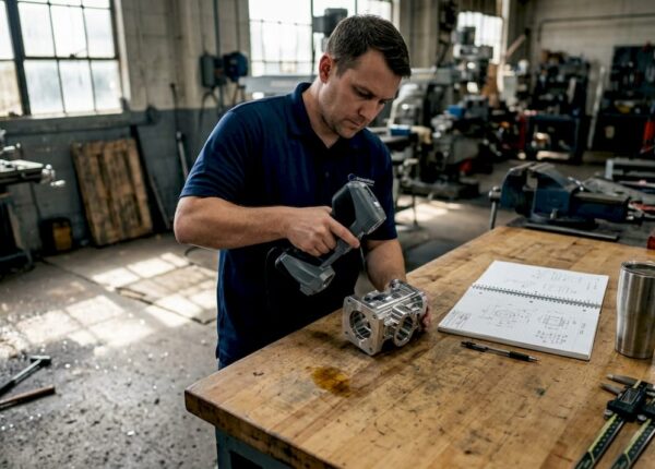 Engineer scanning metal part at workbench