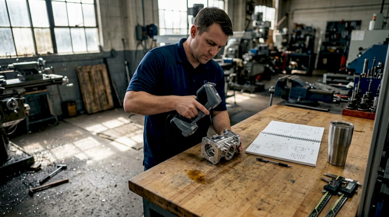 Engineer scanning metal part at workbench