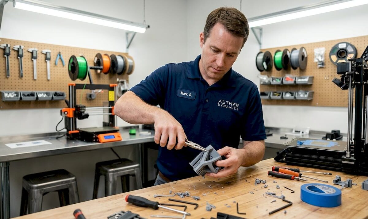 Engineer finishing part in 3D printing workspace