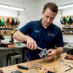 Engineer finishing part in 3D printing workspace