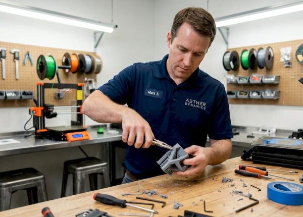 Engineer finishing part in 3D printing workspace
