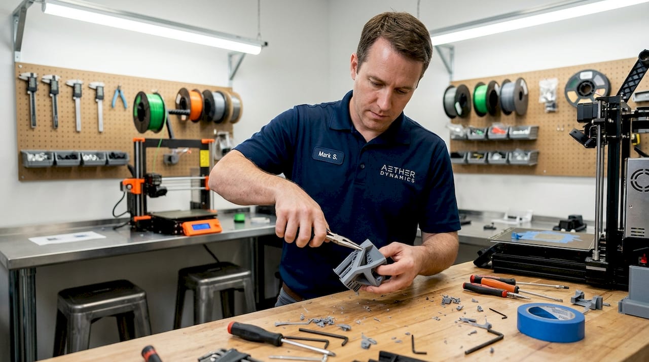 Engineer finishing part in 3D printing workspace