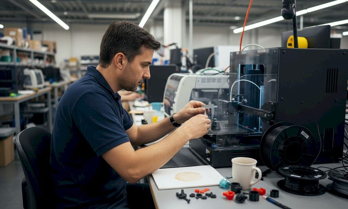 Engineer checking 3D print in cluttered lab workspace