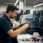Engineer checking 3D print in cluttered lab workspace