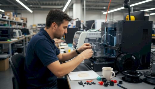 Engineer checking 3D print in cluttered lab workspace