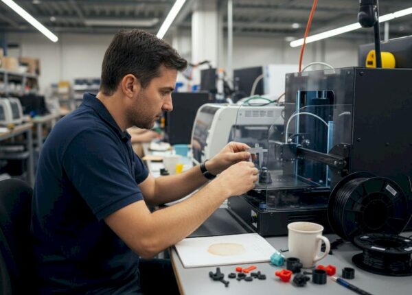 Engineer checking 3D print in cluttered lab workspace