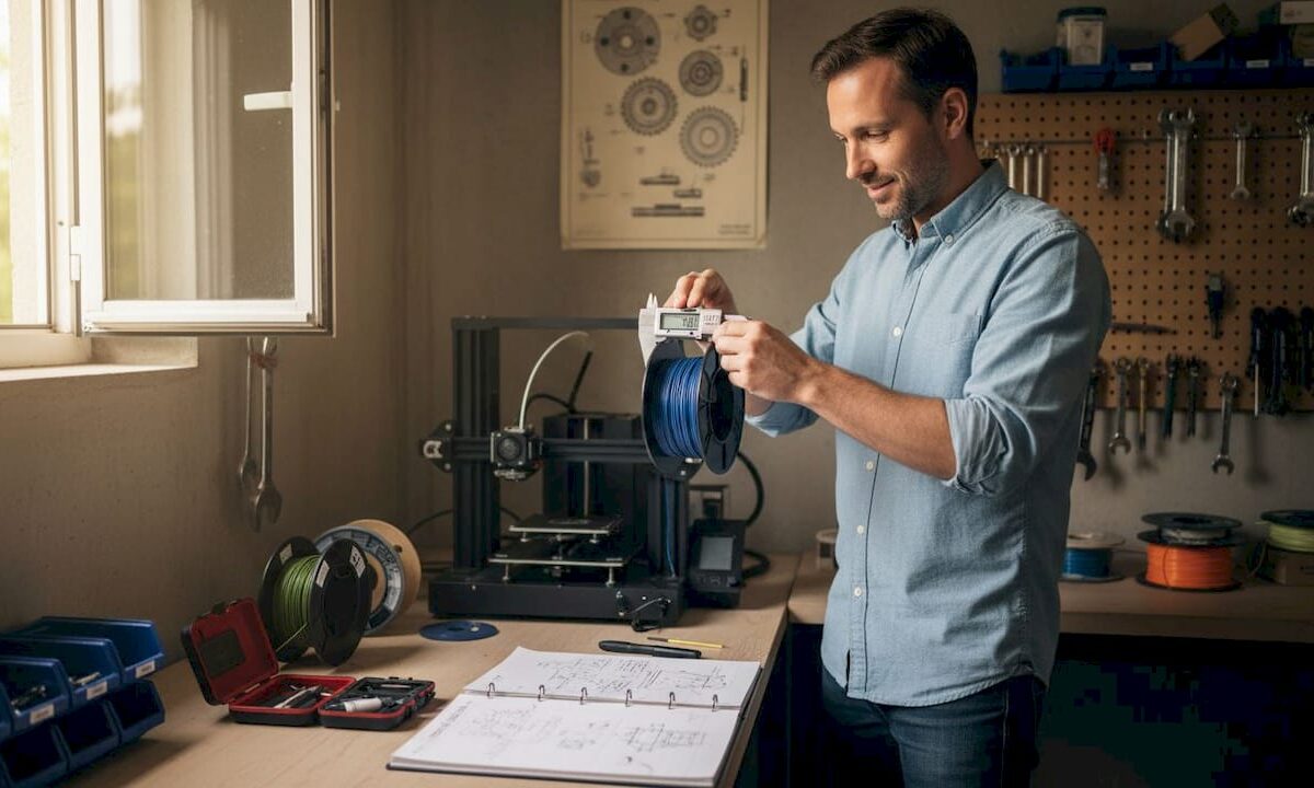 Engineer checks filament tolerance with calipers