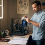 Engineer checks filament tolerance with calipers