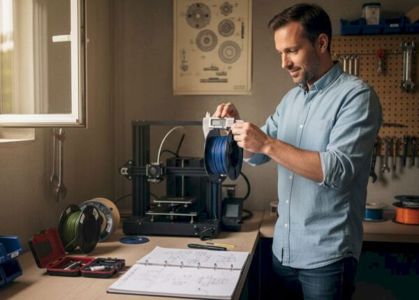 Engineer checks filament tolerance with calipers