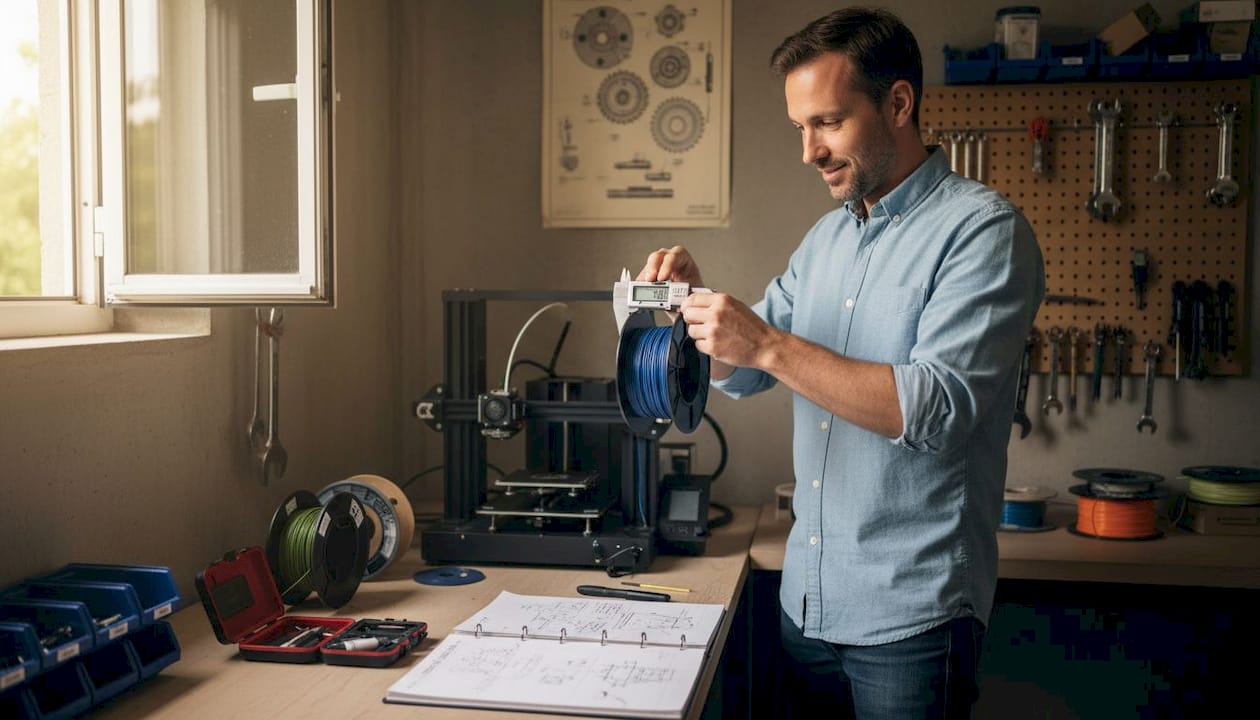Engineer checks filament tolerance with calipers