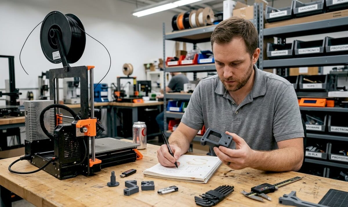 Technician reviewing 3D printed prototype at workshop desk