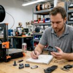 Technician reviewing 3D printed prototype at workshop desk