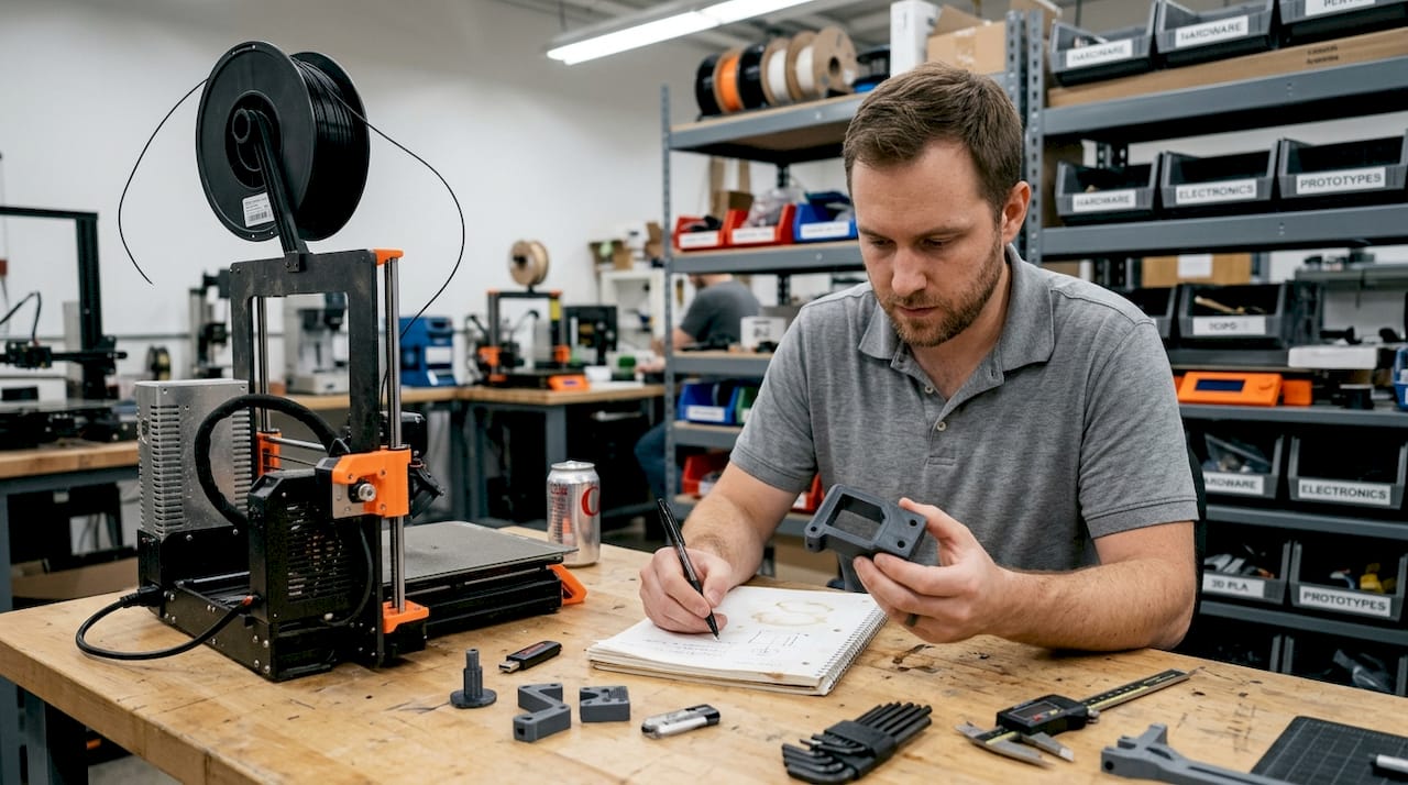 Technician reviewing 3D printed prototype at workshop desk