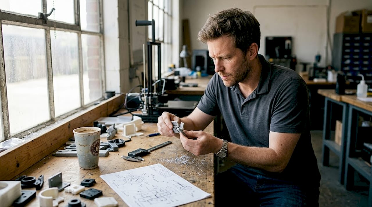 Engineer testing 3D printed prototype hinge